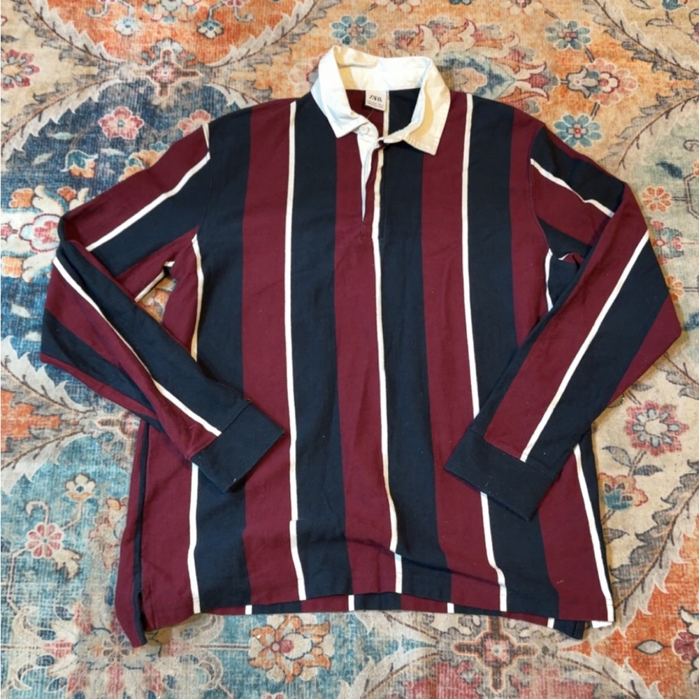 Zara Classic Striped Polo Shirt - Navy and Burgundy